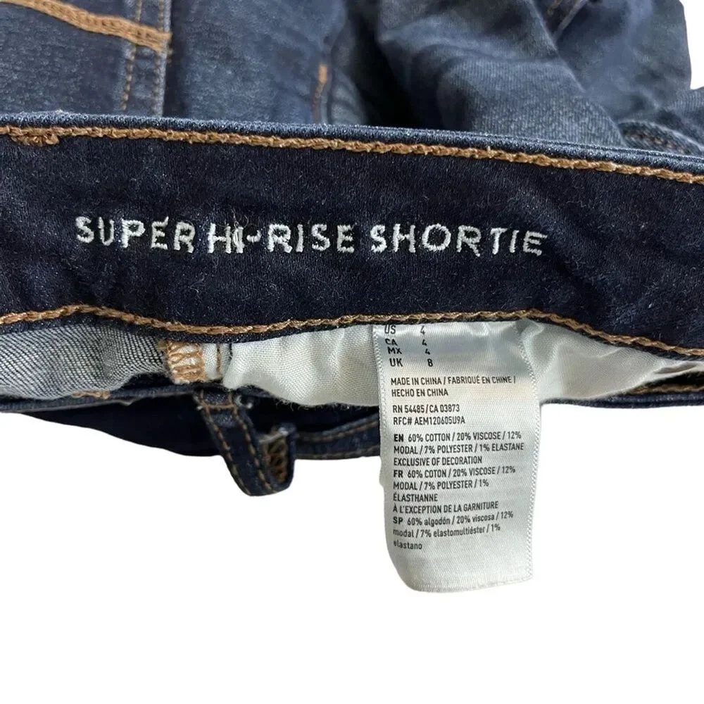 AMERICAN EAGLE SUPER HI RISE SHORTIE Raw Hem Cut Offs Dark Distressed Shorts 4